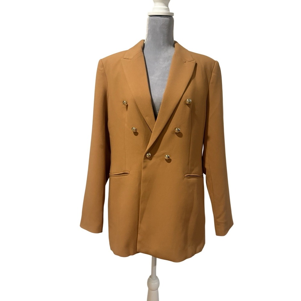 Elie Tahari Double-Breasted Camel Caramel Blazer‎ Size 14 Classic Gold Buttons